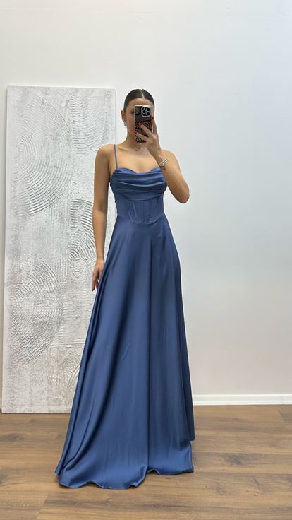 Indigo Back Detail Satin Evening Dress