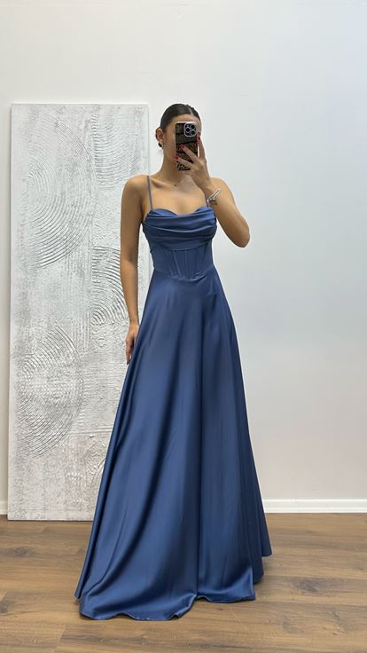 Indigo Back Detail Satin Evening Dress