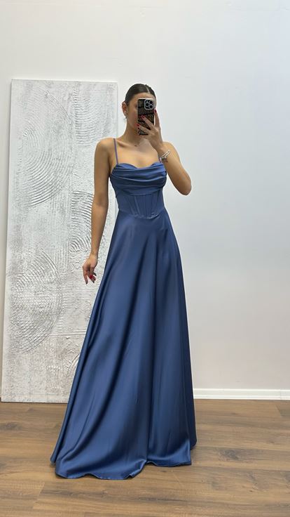 Indigo Back Detail Satin Evening Dress