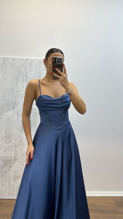 Indigo Back Detail Satin Evening Dress