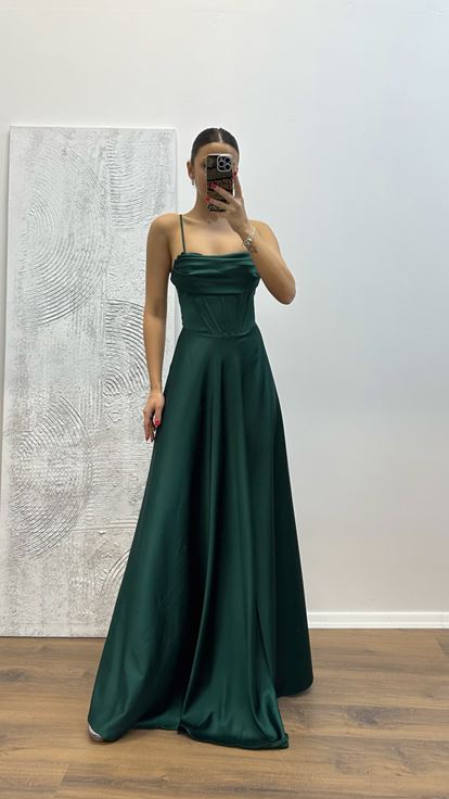 Emerald Back Detail Satin Evening Dress