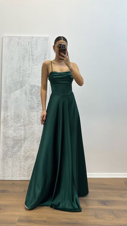 Emerald Back Detail Satin Evening Dress
