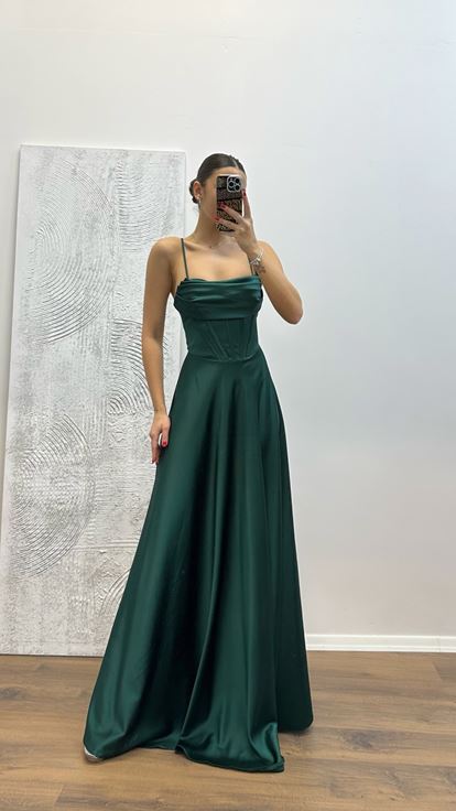 Emerald Back Detail Satin Evening Dress