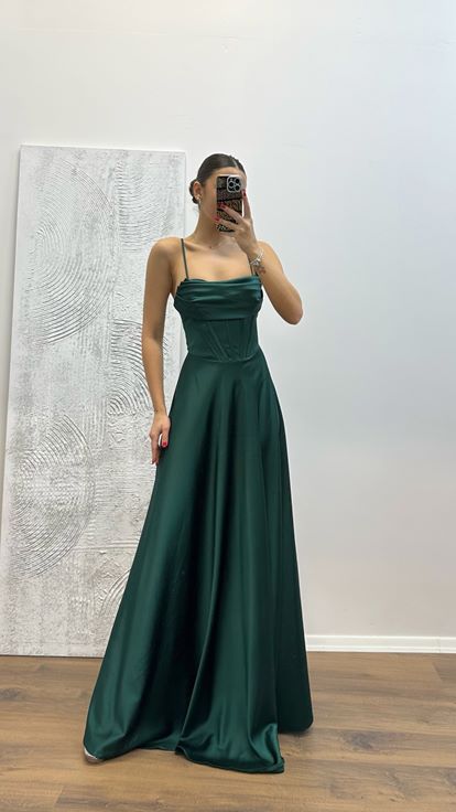 Emerald Back Detail Satin Evening Dress