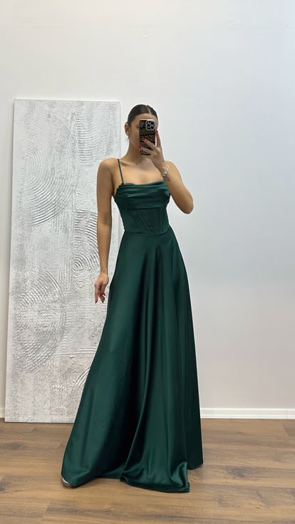 Emerald Back Detail Satin Evening Dress