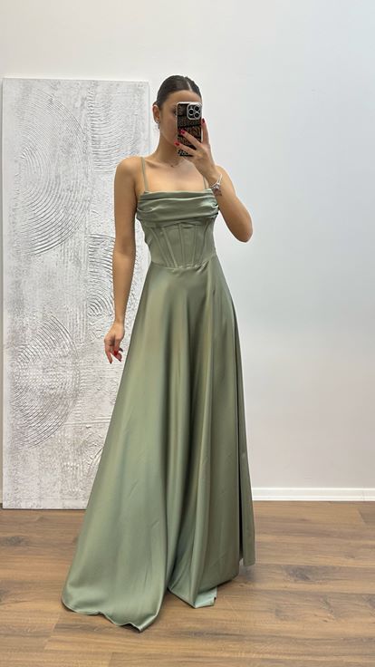 Çağla Back Detail Satin Evening Dress