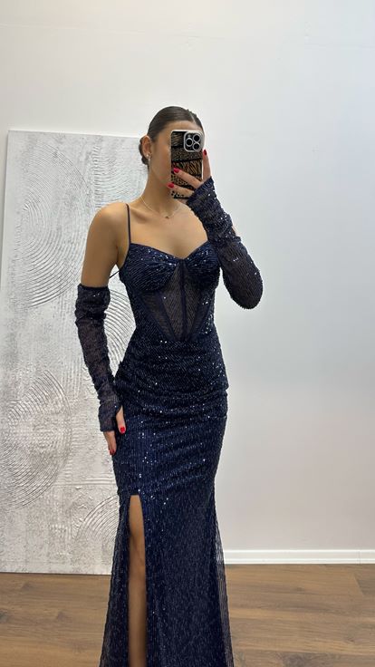 Lacivert Transparan Detay Pullu Abiye Elbise