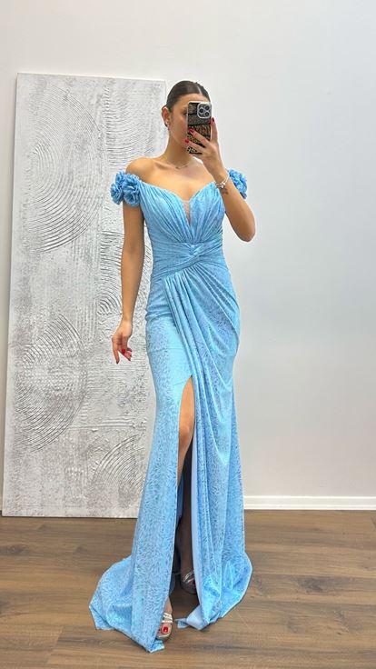 Baby Blue Evening Dress with Shoulder Flower Detail