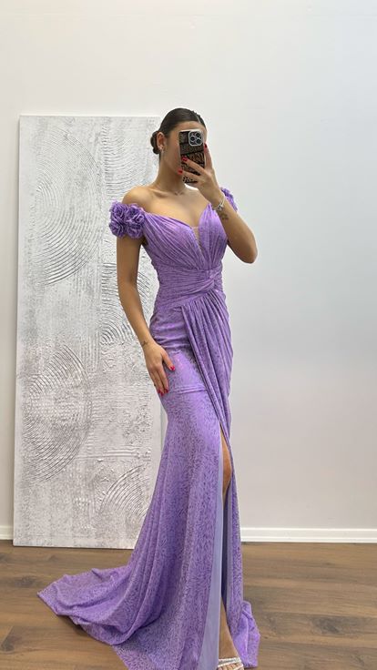 Lilac Evening Dress with Shoulder Floral Detail