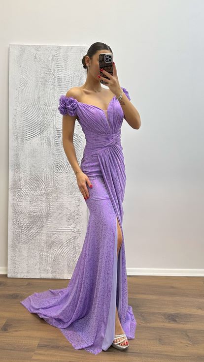 Lilac Evening Dress with Shoulder Floral Detail