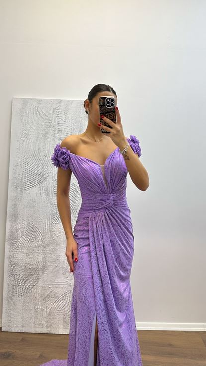 Lilac Evening Dress with Shoulder Floral Detail