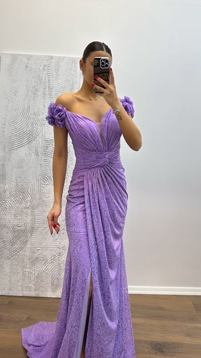 Lilac Evening Dress with Shoulder Floral Detail