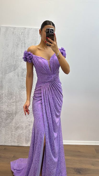 Lilac Evening Dress with Shoulder Floral Detail