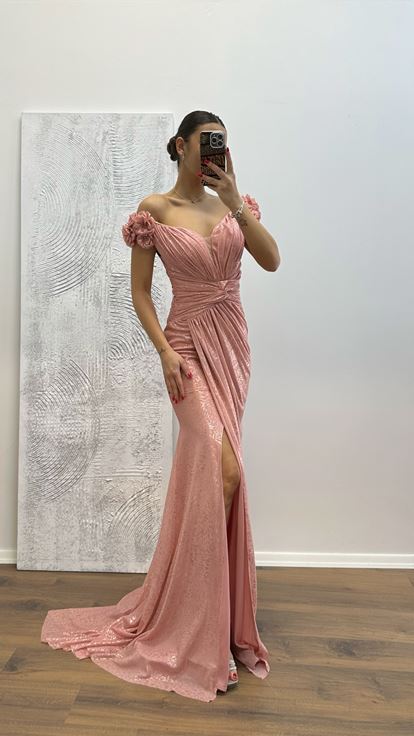 Gül Kurusu Omuz Çiçek Detaylı Abiye Elbise