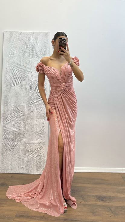 Gül Kurusu Omuz Çiçek Detaylı Abiye Elbise