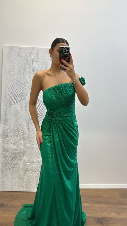 Emerald One-Shoulder Floral Detail Evening Dress