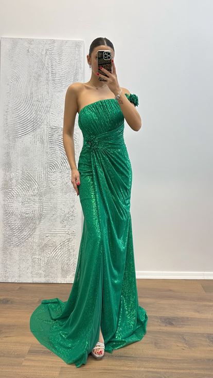 Emerald One-Shoulder Floral Detail Evening Dress