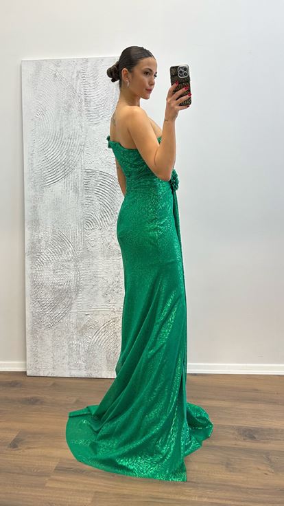 Emerald One-Shoulder Floral Detail Evening Dress