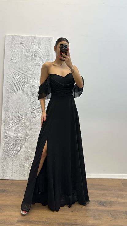 Schwarzes Chiffon-Abendkleid mit Drapierung auf der Brust