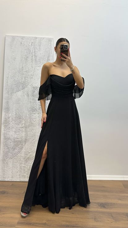 Schwarzes Chiffon-Abendkleid mit Drapierung auf der Brust