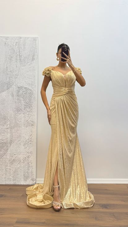 Gold Off Shoulder Evening Dress with Floral Detail