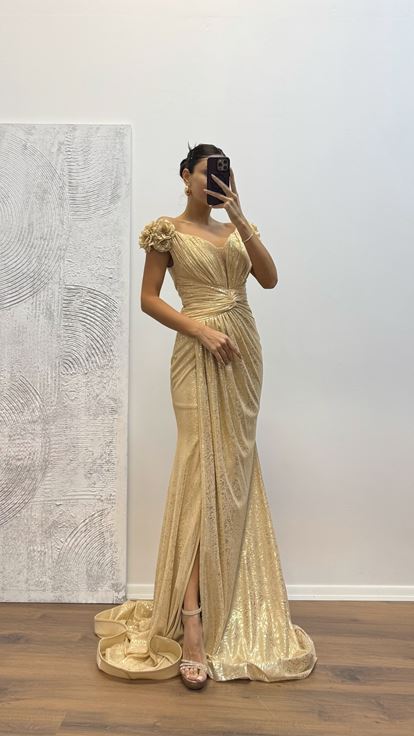 Gold Off Shoulder Evening Dress with Floral Detail