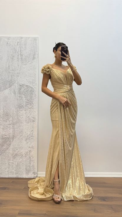 Gold Off Shoulder Evening Dress with Floral Detail