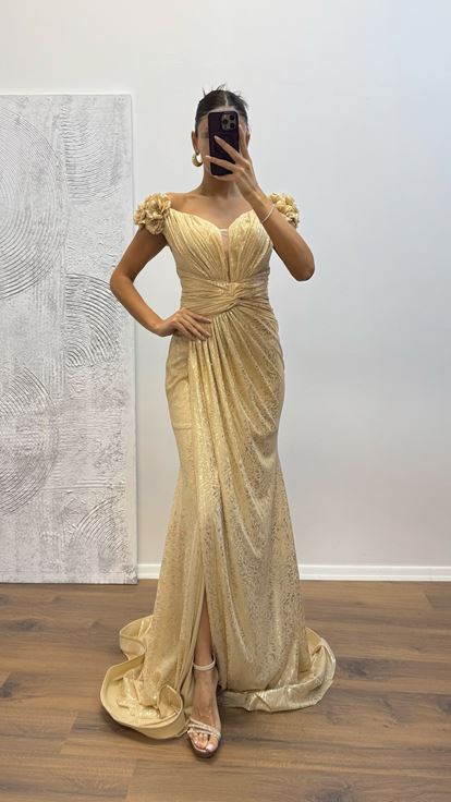 Gold Off Shoulder Evening Dress with Floral Detail
