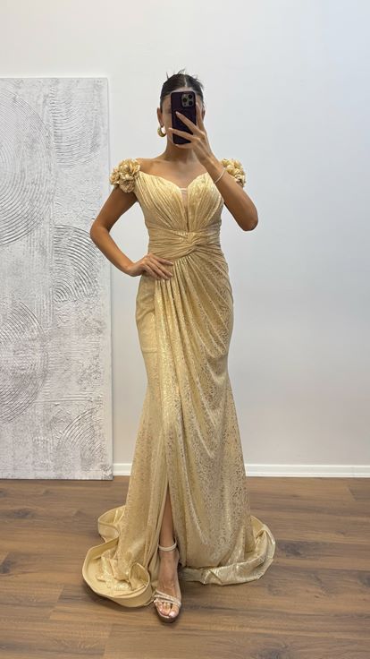 Gold Off Shoulder Evening Dress with Floral Detail