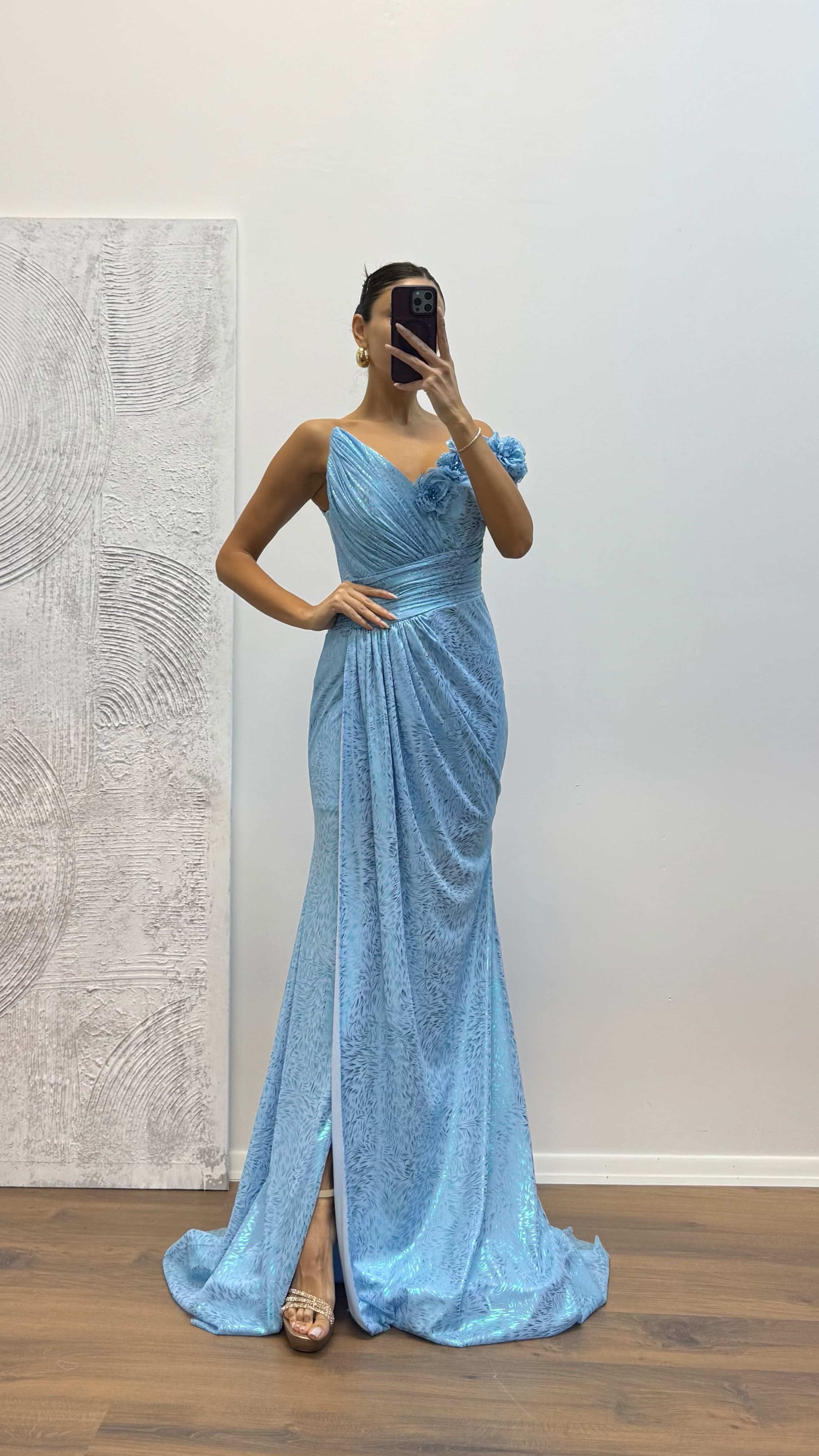 Baby Blue Floral Detail Evening Dress