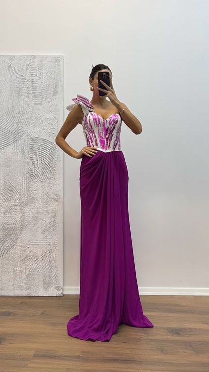 Fuşya Tek Omuz Abiye Elbise