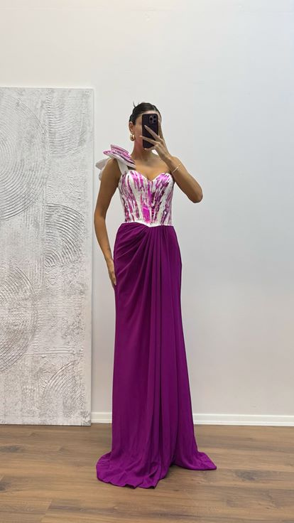 Fuşya Tek Omuz Abiye Elbise