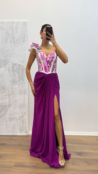 Fuşya Tek Omuz Abiye Elbise