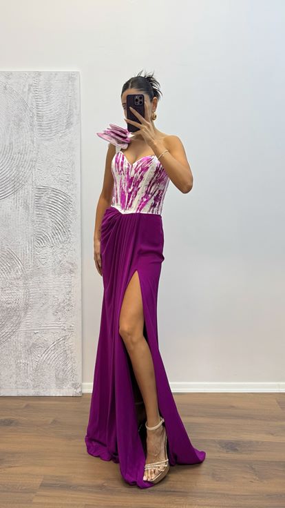 Fuşya Tek Omuz Abiye Elbise