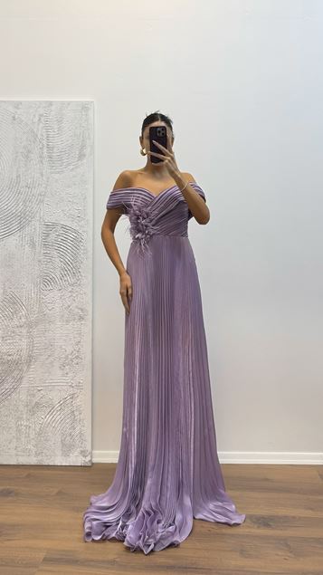 Lilac Madonna Collar Pleated Evening Dress