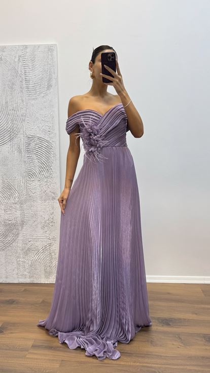 Lila Madonna Yaka Piliseli Abiye Elbise