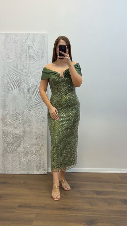 Robe de soirée brodée sans bretelles kaki grande taille