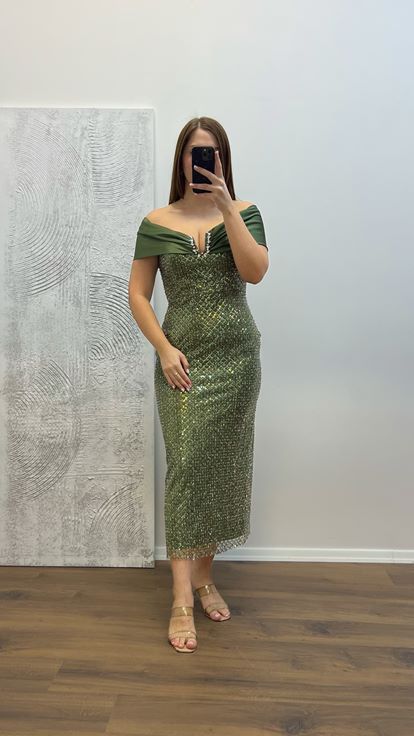Robe de soirée brodée sans bretelles kaki grande taille