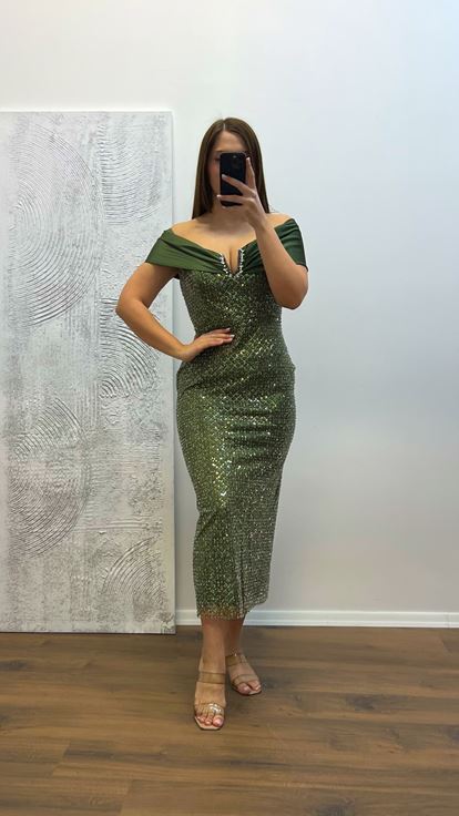 Robe de soirée brodée sans bretelles kaki grande taille