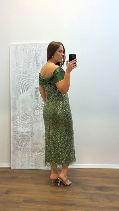 Robe de soirée brodée sans bretelles kaki grande taille