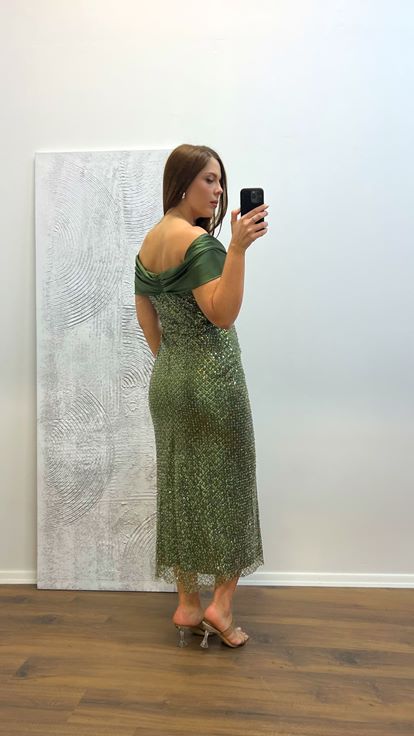 Robe de soirée brodée sans bretelles kaki grande taille