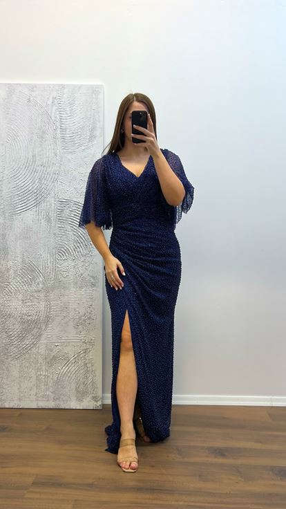Navy Blue Beaded Plus Size Evening Dress