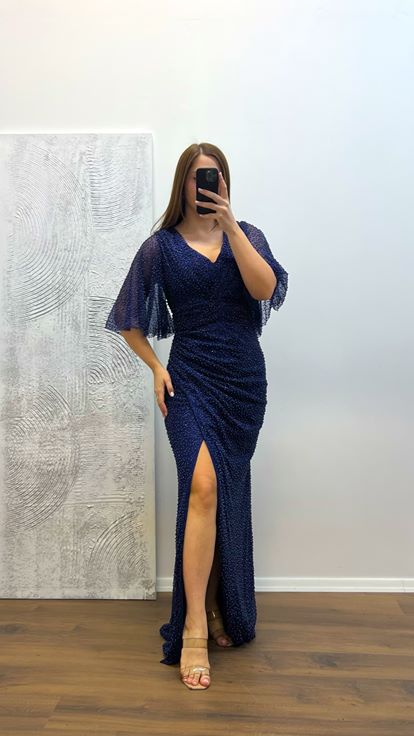 Navy Blue Beaded Plus Size Evening Dress
