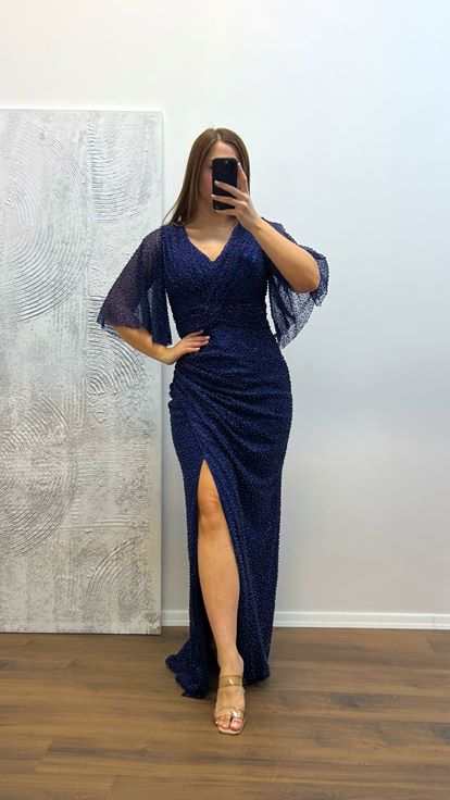 Navy Blue Beaded Plus Size Evening Dress