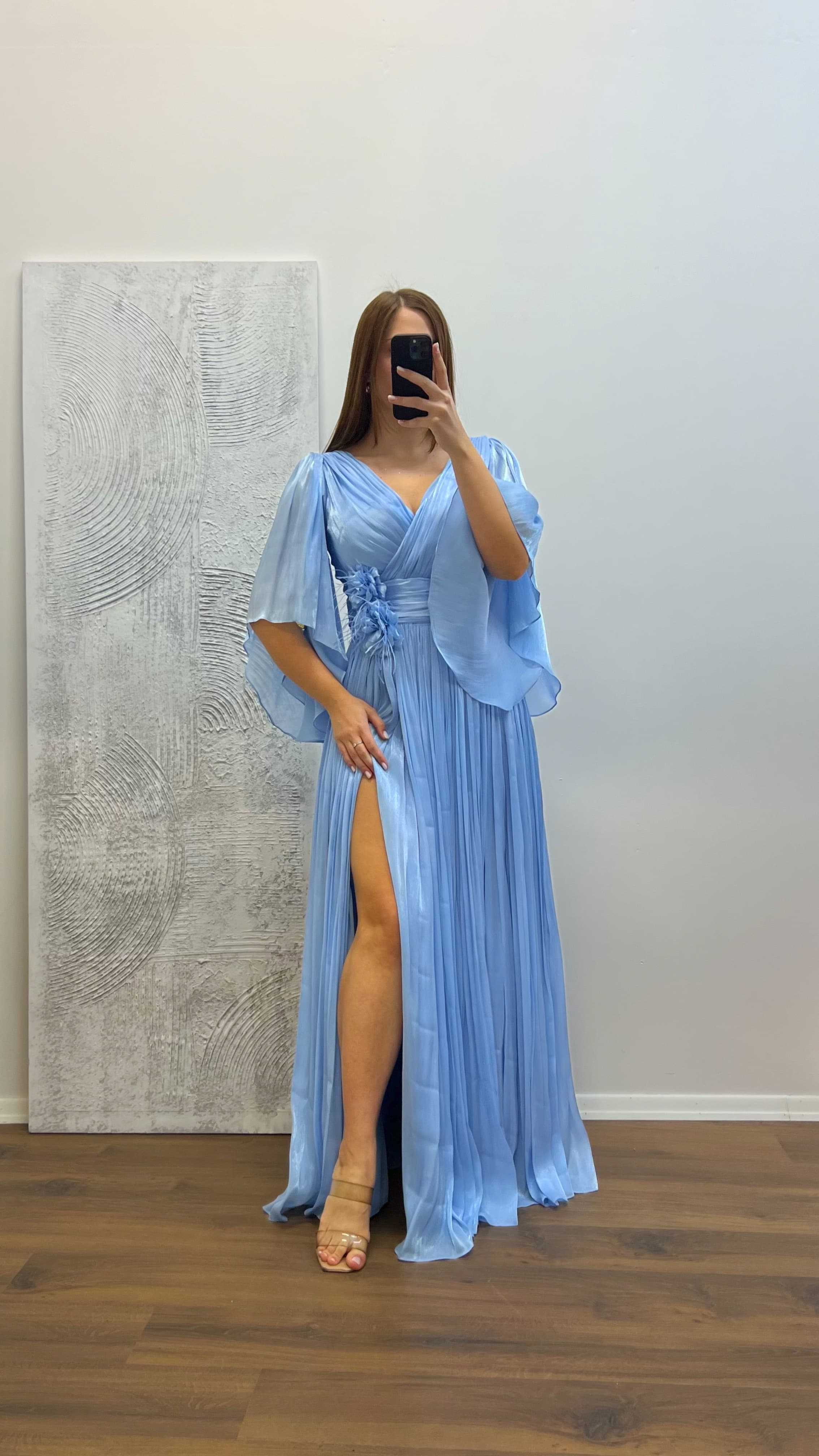 Baby Blue V-Neck Flower Detail Plus Size Evening Dress