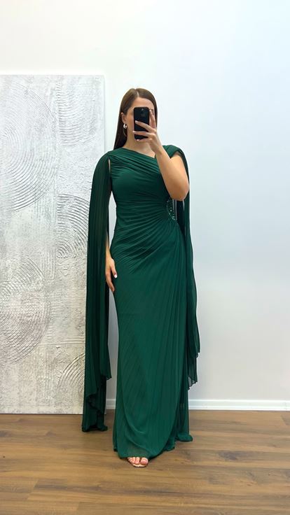 Abito da sera taglie forti ricamato in vita color smeraldo