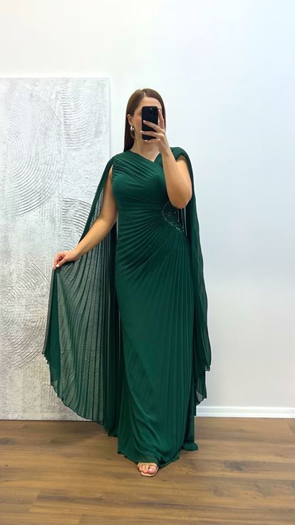 Abito da sera taglie forti ricamato in vita color smeraldo