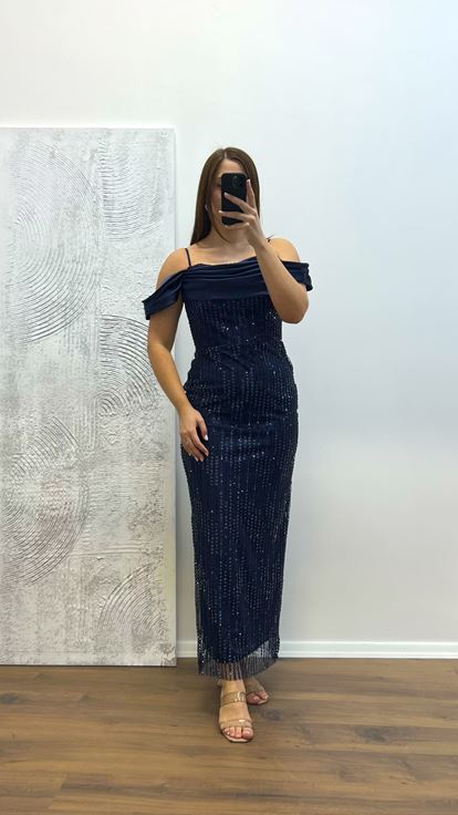 Lacivert İp Askılı İşlemeli Abiye Elbise