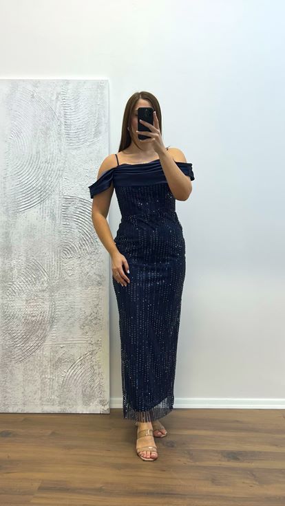 Lacivert İp Askılı İşlemeli Abiye Elbise