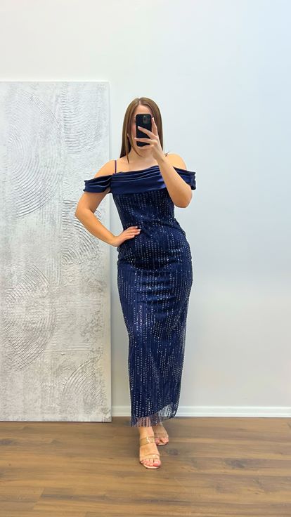 Lacivert İp Askılı İşlemeli Abiye Elbise